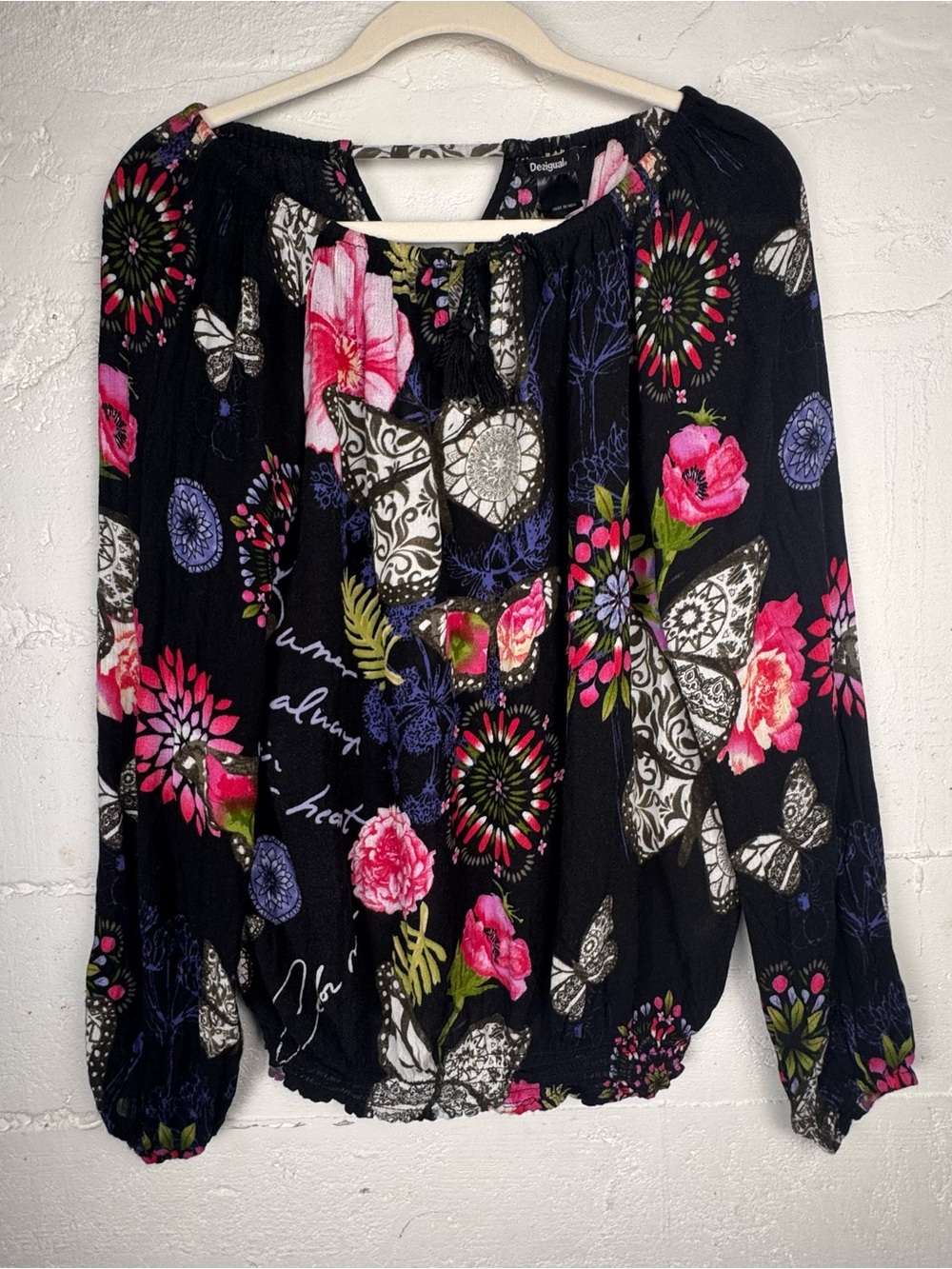 Desigual Floral Birds dragonfly Long Sleeve Tassel Tie Top‎ XS butterfly